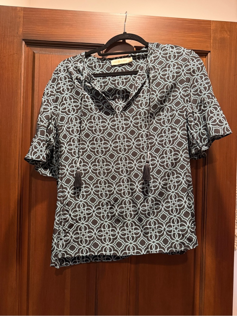 Tory Burch Black Top with Aqua Geometric Print and tassels